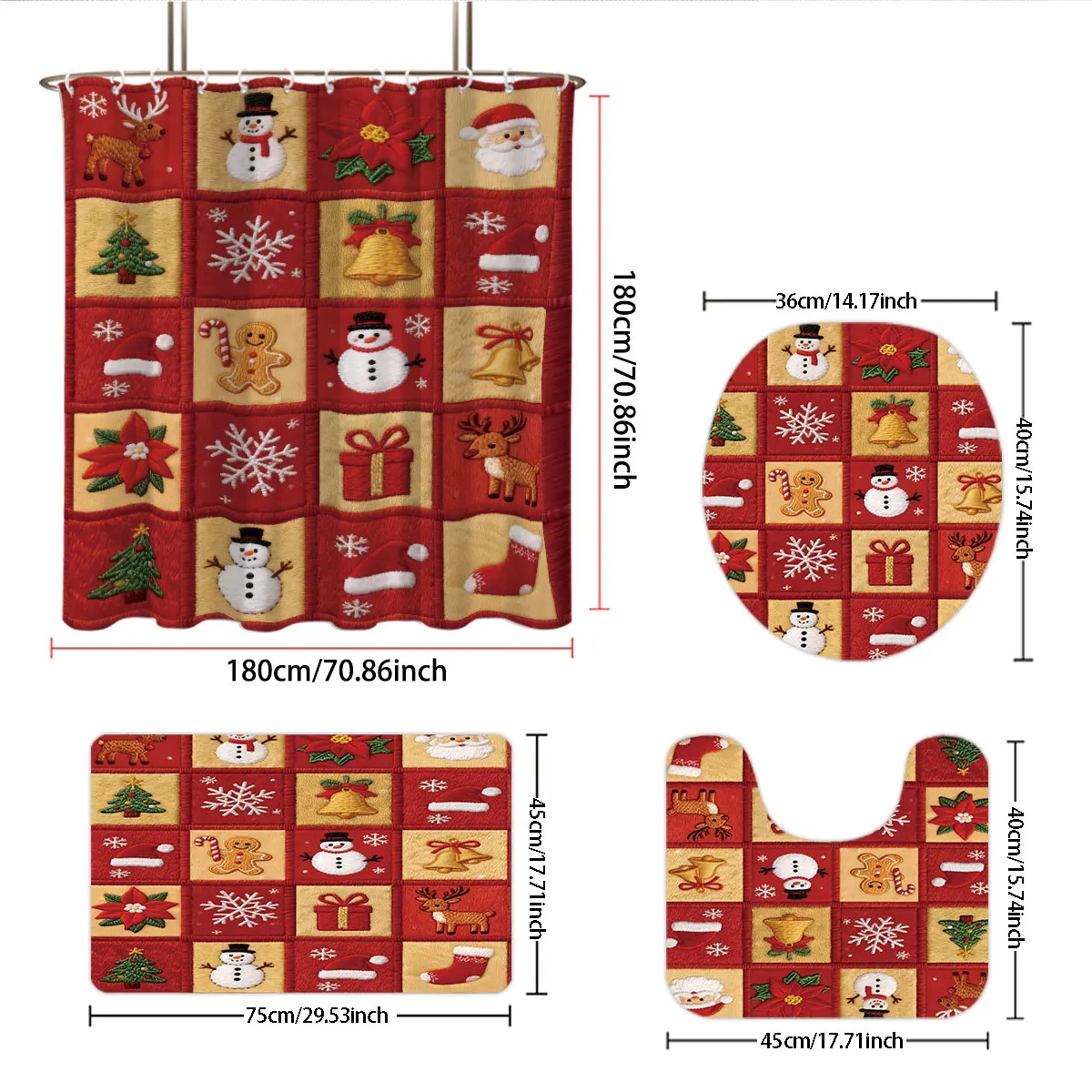 

Ткань Сращивание Рождества Happy Печатный Набор из 4 предметов для ванной комнаты 180x180 Водонепроницаемая занавеска для душа Напольный коврик Коврик для унитаза U-образный