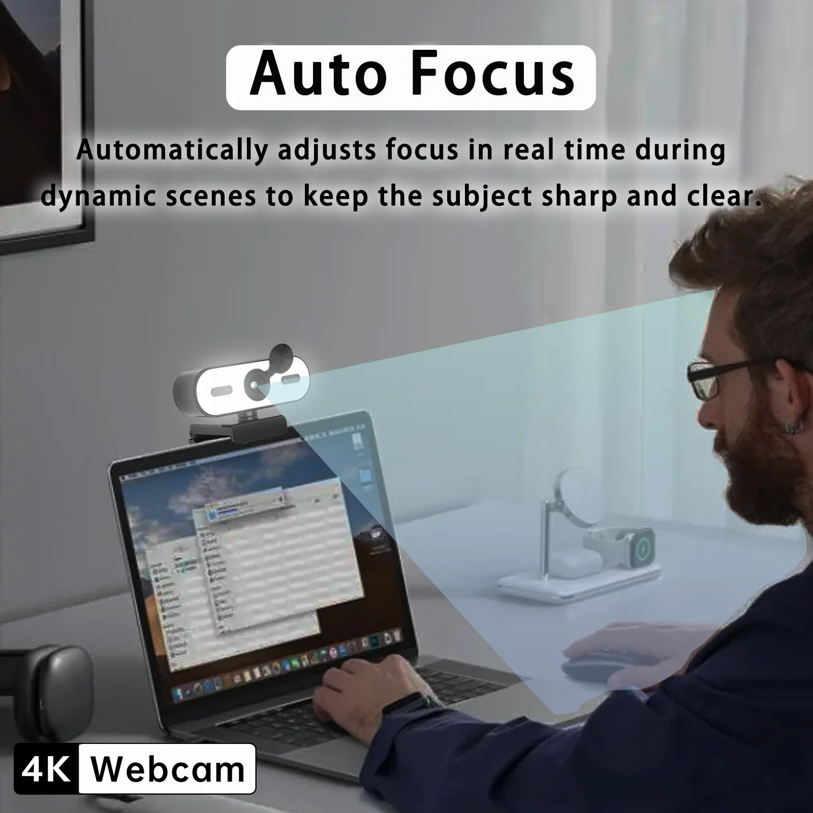 كاميرا ويب 4K UHD مع ضبط تلقائي للصورة، ضوء حلقي ثلاثي المستويات، غطاء للخصوصية، 360 درجة °   الدوران، حامل ثلاثي القوائم، التوصيل والتشغيل للبث ومكالمات الفيديو #4