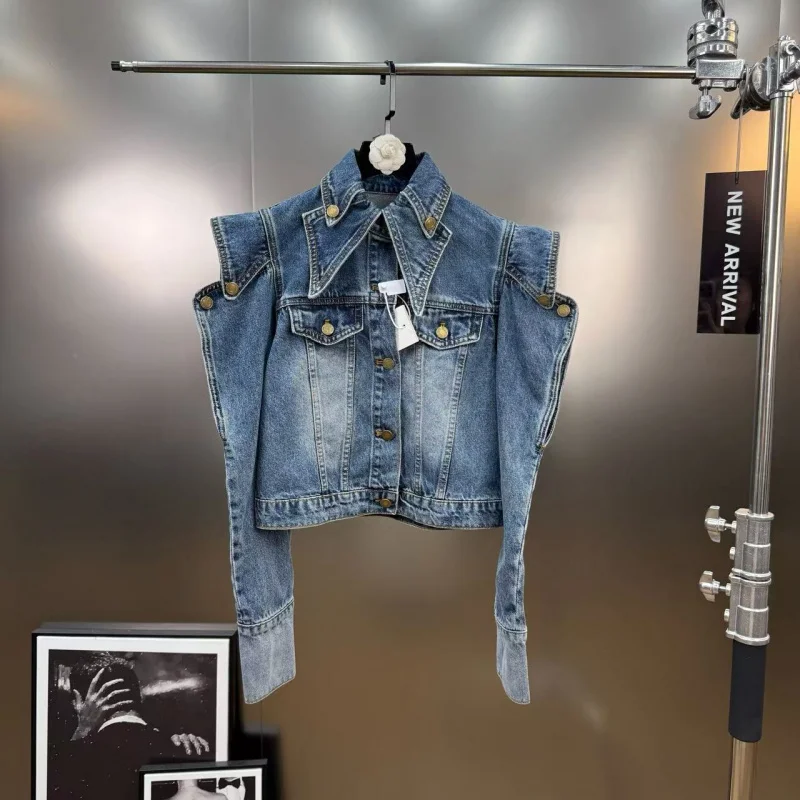 

Y2k 2025 Autumn Triangular Lapel Off Shoulder Irregular Long Sleeve Street Chic Hot Girl Style Slim Fit Denim Jacket