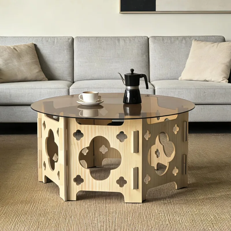 Caramel tabletop, floral pattern hollow wood base, farmhouse style center coffee table