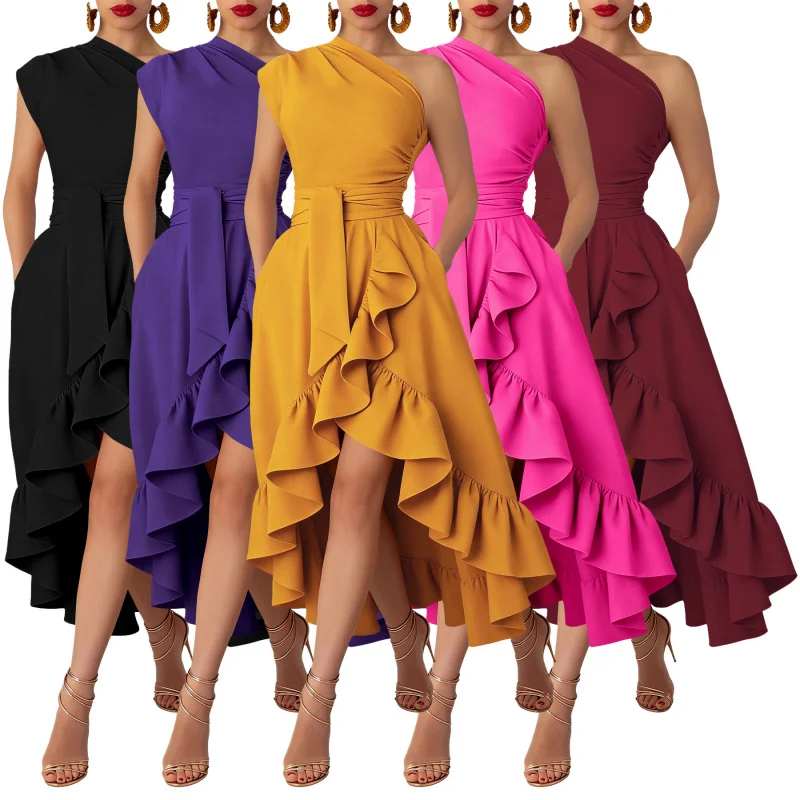 

Summer Fashion Sexy Off-Shoulder Ruffle Edge Slit Big Swing Dress for Women Trendy Casual Maxi Dress