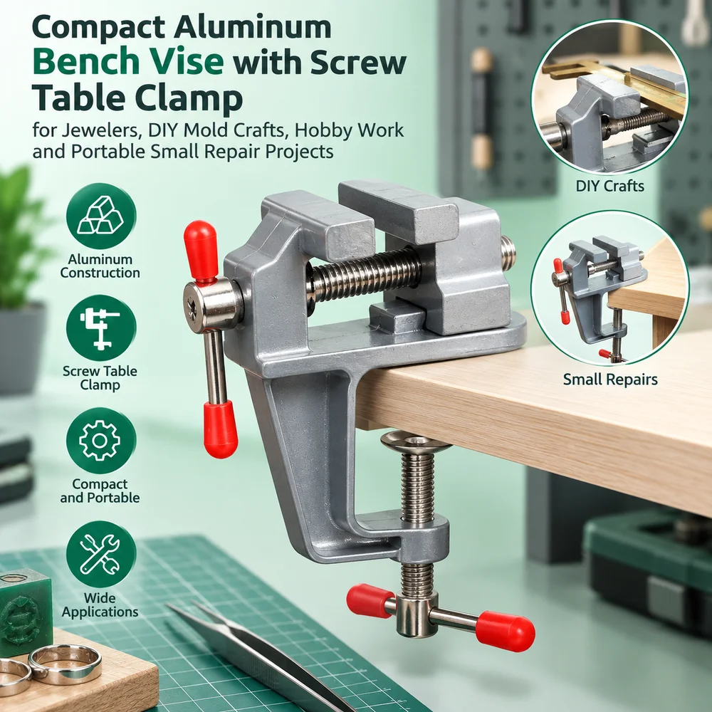 Compact Aluminum Bench Vise with Screw Table Clamp for Jewelers, DIY Mold Crafts, Hobby Work and Portable Small Repair Projects