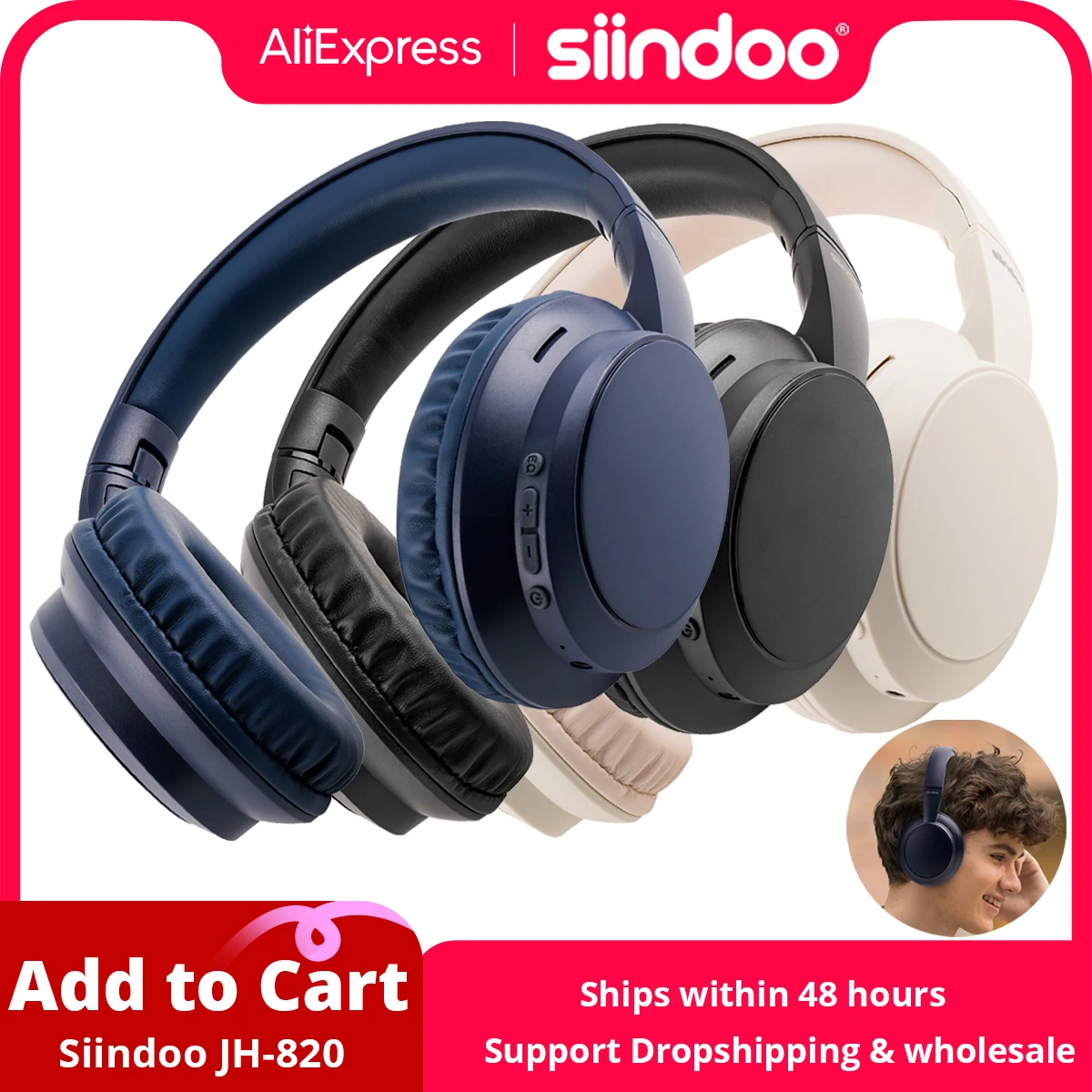 Siindoo JH-820 Wireless Bluetooth Headphones, 60H Playtime,3 EQ Sound Modes,Foldable Lightweight Bluetooth 5.4 for Travel Study