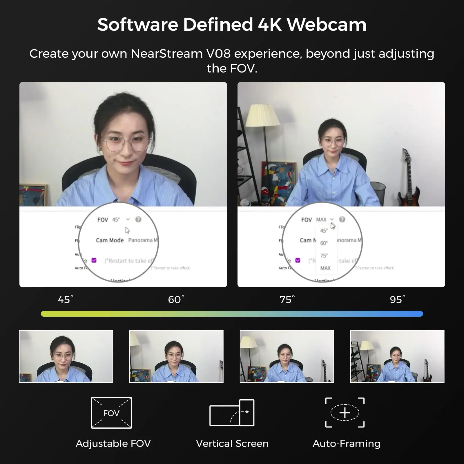 Imagem -06 - Webcam para pc Hdr 1080p Microfone com Cancelamento de Ruído 60fps 45 °-95 ° Fov Ajustável Foco Automático ai Framing Nearstream-v08af 4k