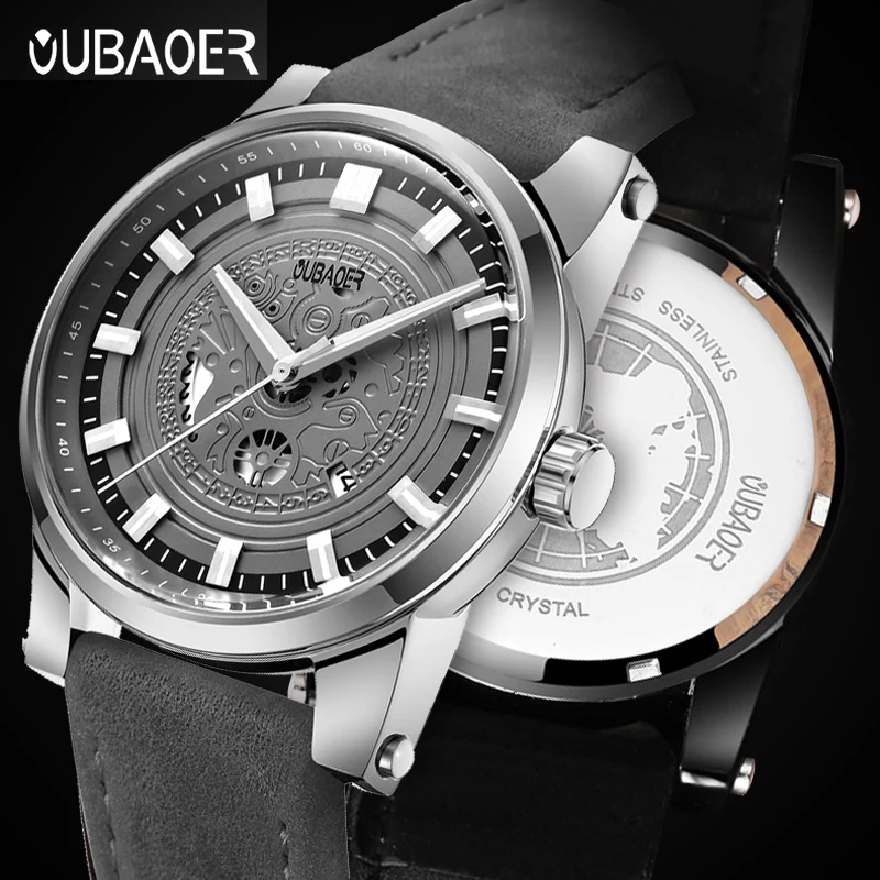 OUBAOER New Men Watches Top Luxury Brand Fashion Quartz Watch Men Waterproof Wristwatch Leather Date Male Clock reloj hombre