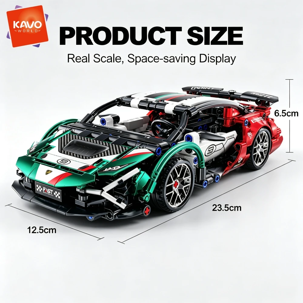 KAVOWORLD NEW 1:18 Scale Technical Electroplated Racing Supercar Building Block Toy Assembly MOC Car Bricks Model Race Car DIY Sport Car 431pcs STEM Building Kit Italian Flag Color Desktop Display Home Decor Halloween Christmas Thanksgiving Birthday Gifts