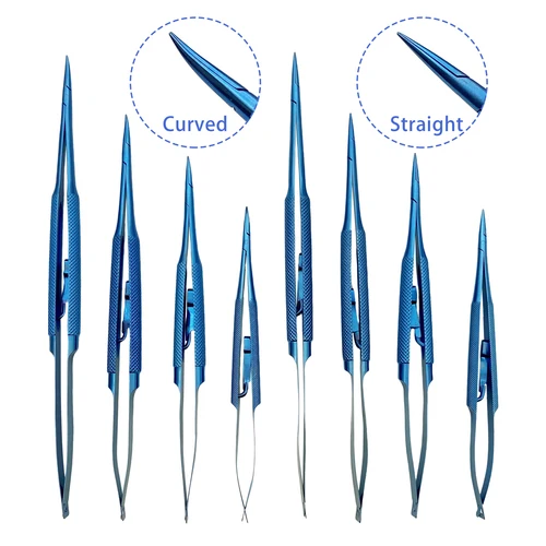 Porta agujas optálmico curvo/recto con instrumentos quirúrgicos de titanio con ojo de bloqueo