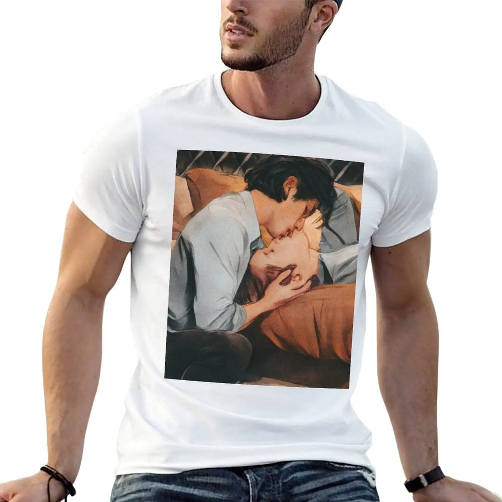 

NetJames Bed Friend fanart hug kisses marks BL series couple thai saturated vintage gay kiss T-Shirt man t shirts cotton T-Shirt
