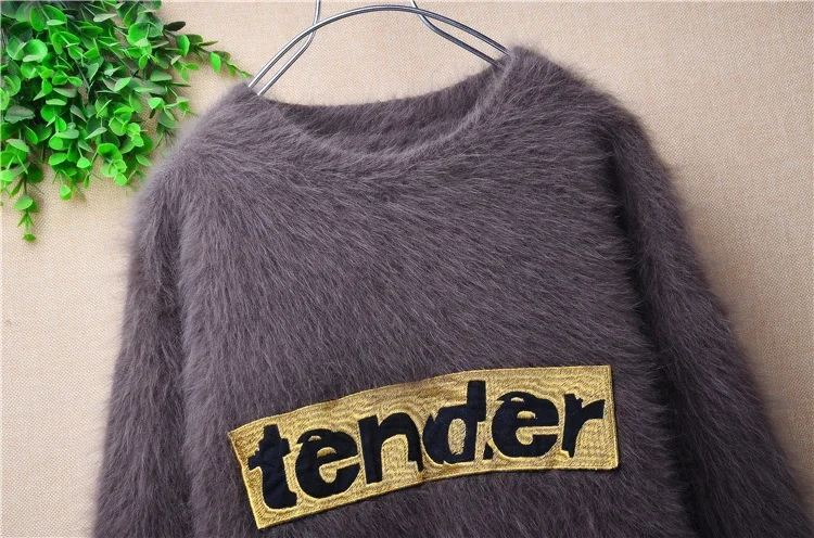 04 Female Women Fall Winter Clothing Cute Hairy Mink Cashmere Knitted O-Neck Long Sleeves Slim Blouses Pullover Jumper Sweater