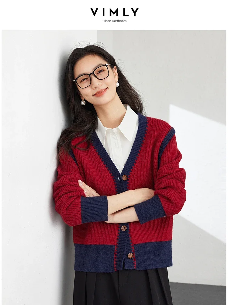 VIMLY Women Casual Simple Warm Knitwear Autumn New Contrasting Color O-Neck Long Sleeve Loose Office Lady Sweater Cardigan Coat