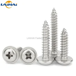 50pc M1.4 M1.7 M2 M2.6 M3 M4 DIN968 304 Stainless Steel Cross Phillips Pan Round Head With Washer Collar Self Tapping Wood Screw
