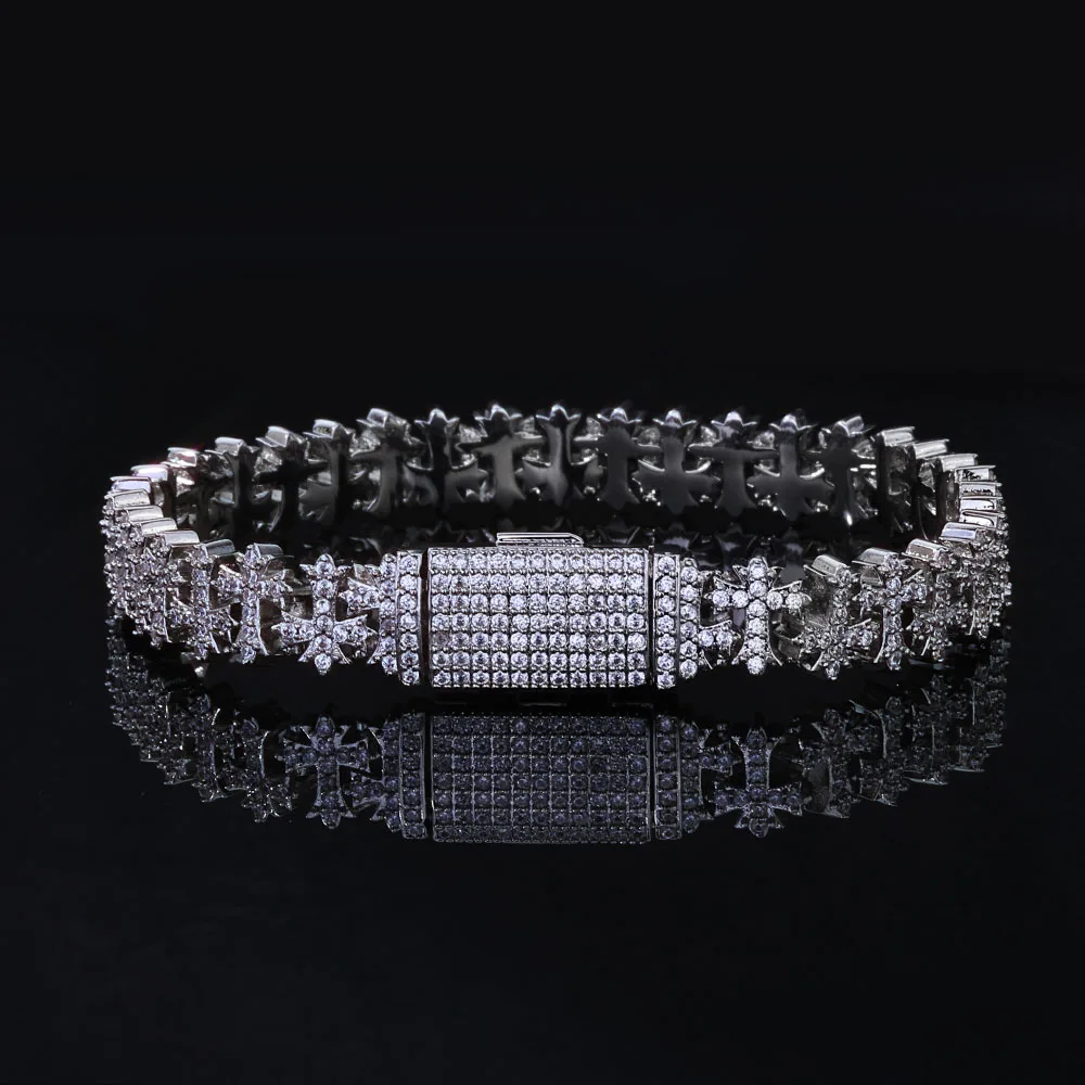 

Luxury 8.5MM Cross Bracelet Hip Hop Style Iced CZ Diamond Brass Hand-Set Zircon Fashionable Charm Jewelry for Men Women
