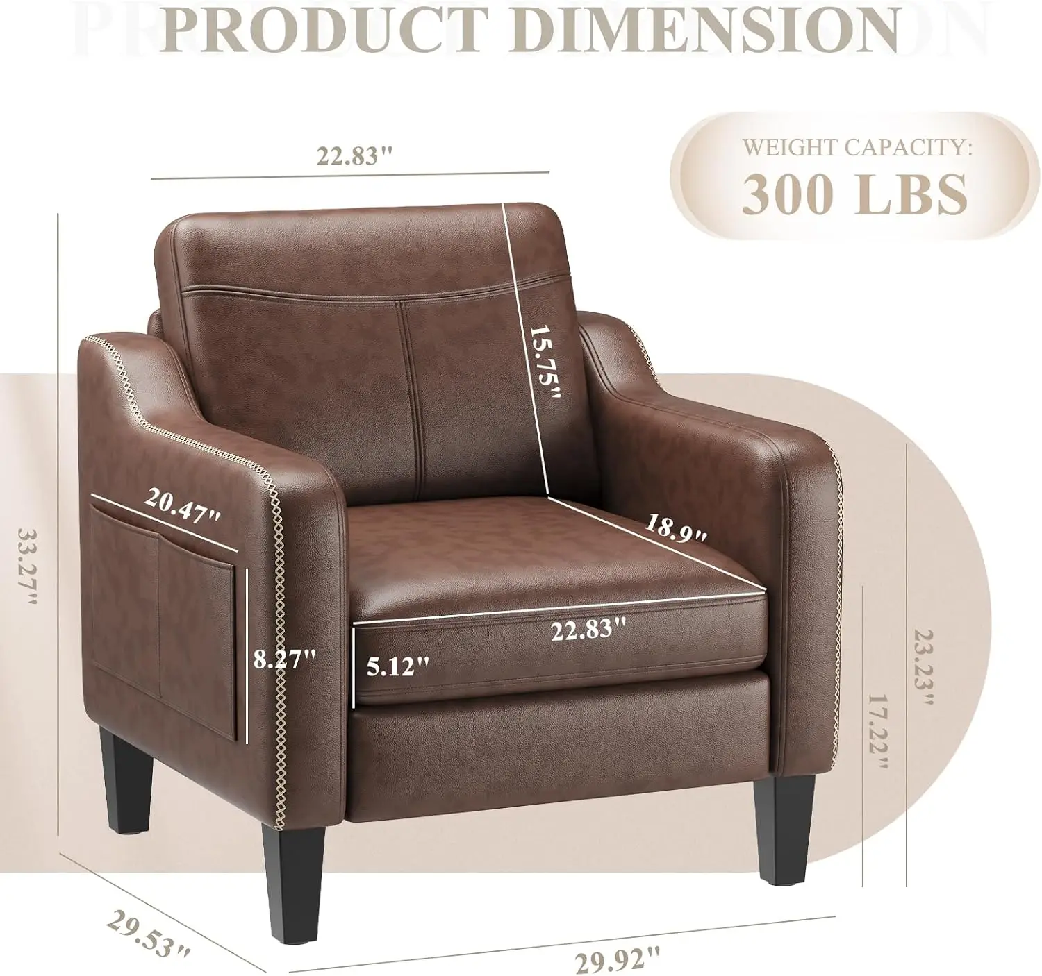 PU Leather Accent Chair, Mid-Century Modern Living Room Armchair Sofa with Removable Cushions, Solid Wood Frame & Stitched Armre