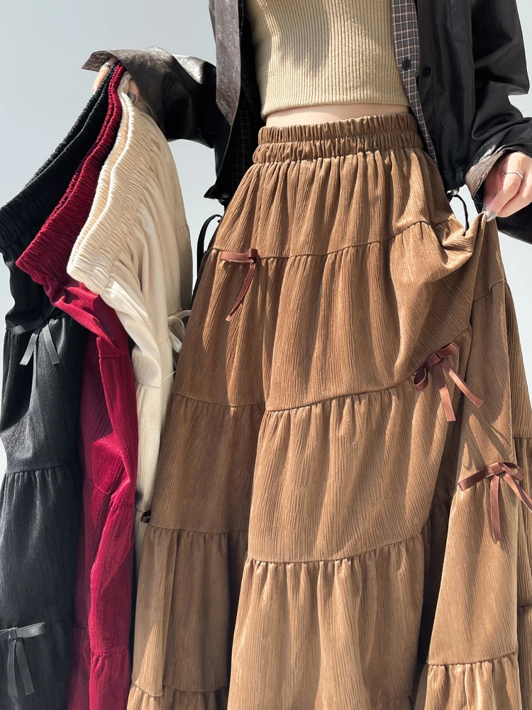 

Autumn Winter New Elegant Retro Long Skirt Women Korean Version Fashion Vintage Chic Sweet Bow Solid Velvet Half Skirts