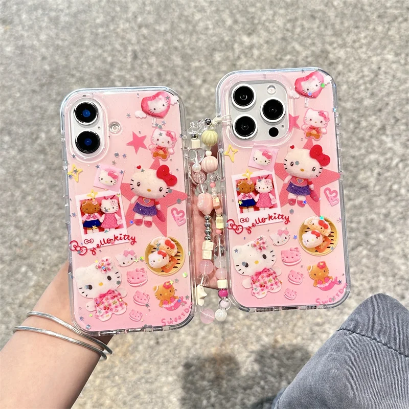 

Funny Cute Hellokitty Glitter Phone Case For iPhone 16 Pro 15 14 Pro Max Back Cover with Chain Strap Shockproof Cartoon Cases