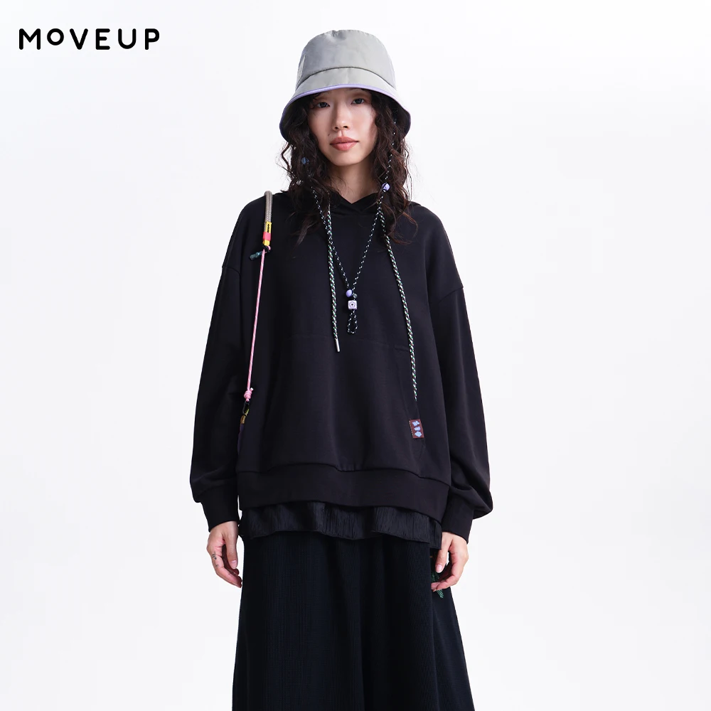 MOVEUP Long-Sleeved Pullover 2026 Spring New Hooded Drawstring Floral Woven Label Ruffled Tees Loose Casual Top Women 3ELC10501