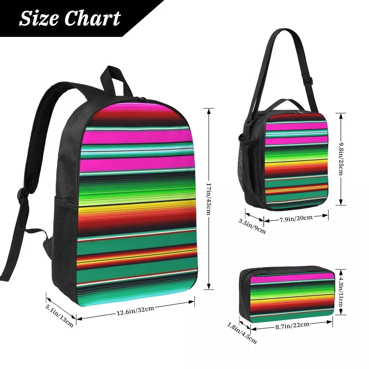 Mexican Indigenous Blanket Backpack Student BookBag School Bag Shoulder Bags 3ps Insulated Lunch Bag Pencil Case - view 4