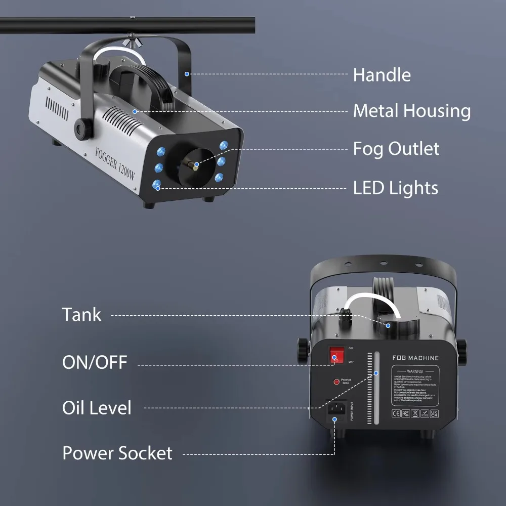 1200W RGB 6LEDs Smoke Machine, Remote Control Stage Fog Haze Generator for Disco Party Nightclub Wedding