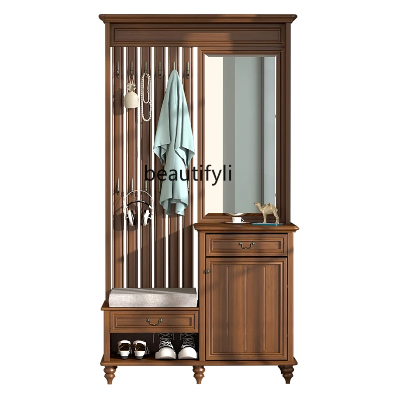 

Solid Wood Shoe Changing Stool Coat Rack Integrated with Dressing Mirror Home Doorway Sitting Locker Home Entrance Cabinet