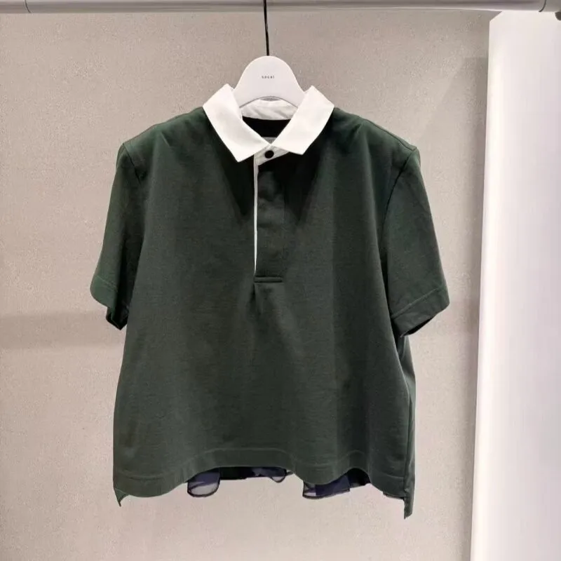 2026 Summer Women Japanese‑Style Color‑Contrast Polo Shirt Back Mesh Spliced Loose Short Sleeve T‑Shirt