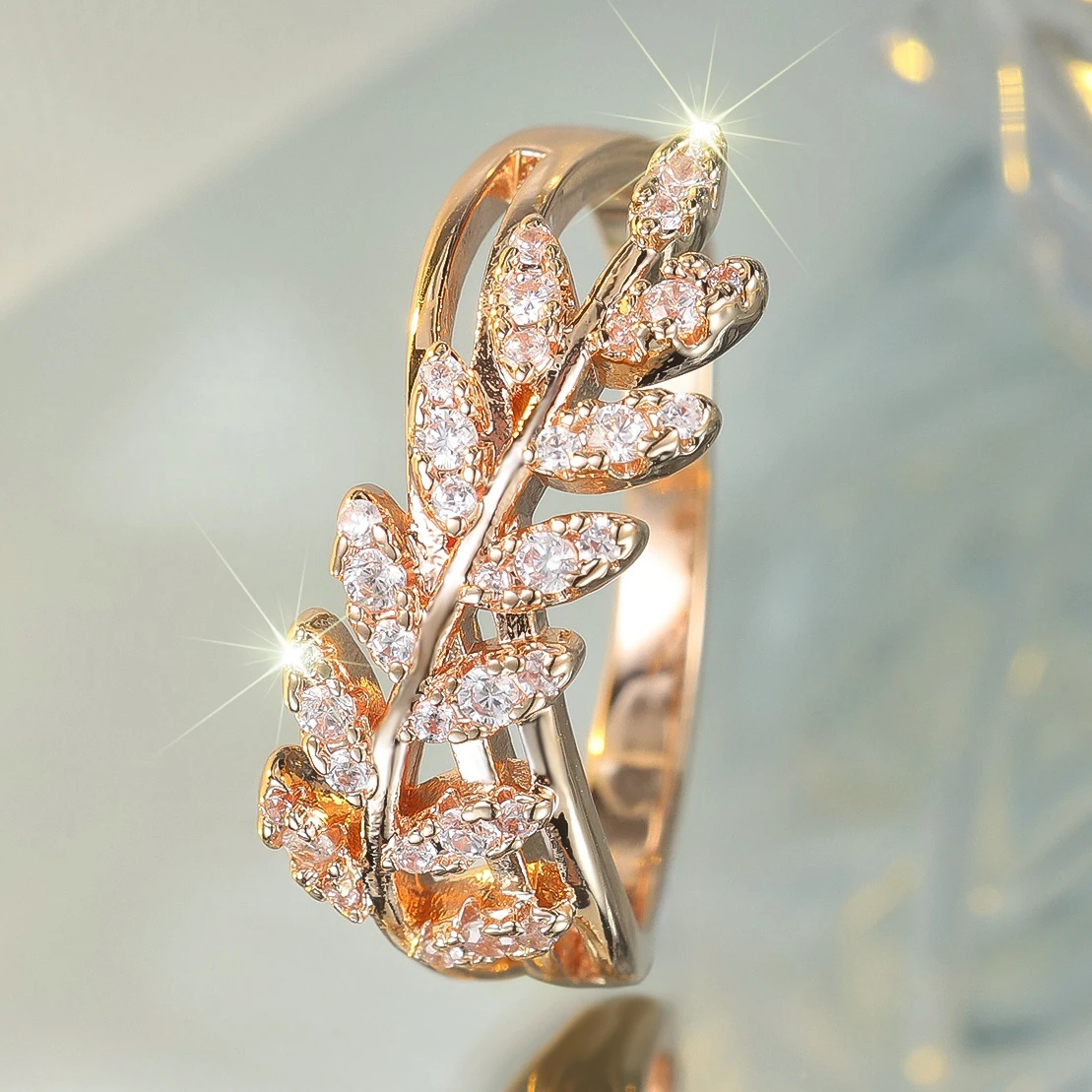 Cute Female White Zircon Stone Wheat Ring Gold Color Engagement Charm Wedding Jewelry For Women
