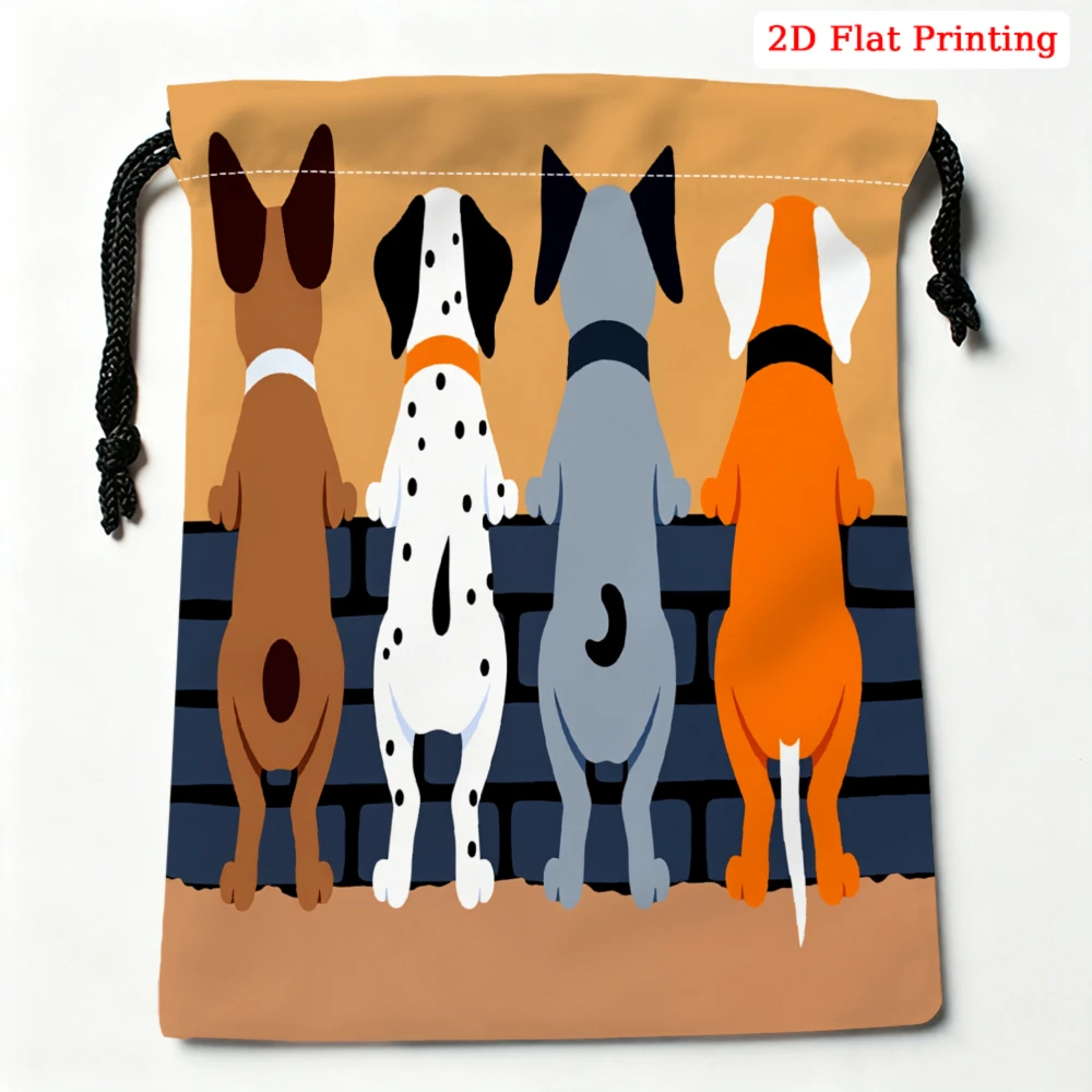 1pc Cartoon Dog Pattern Drawstring Bag Brown 2d Flat Printing Storage Small Pouch For Glasses Cosmetics Travel Organizer Portabl