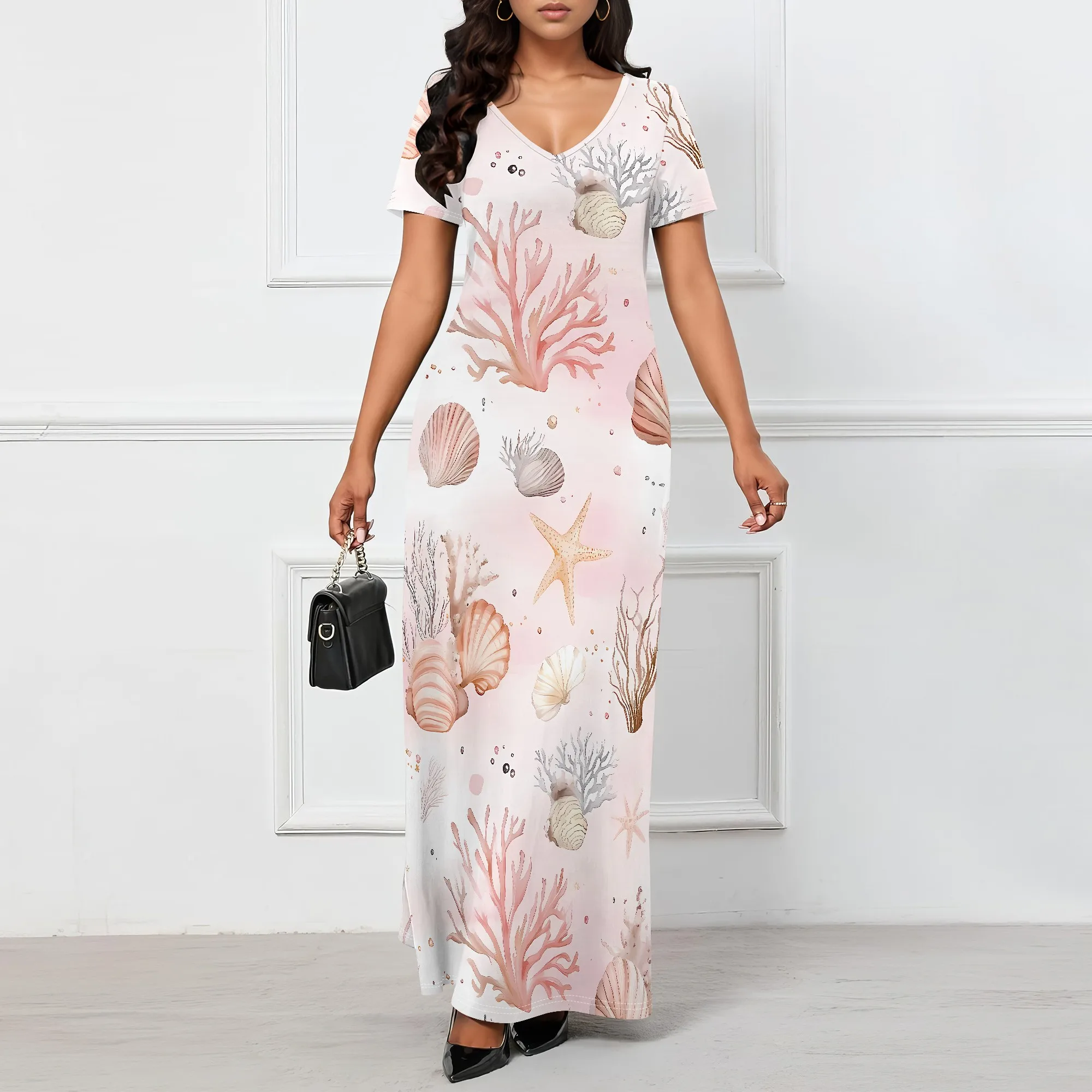 

EQQZD Simple Style Short Sleeve V-neck Maxi Dress w/Pockets, Elegant Beach Style Pattern Print Dress, Casual Loose Dress