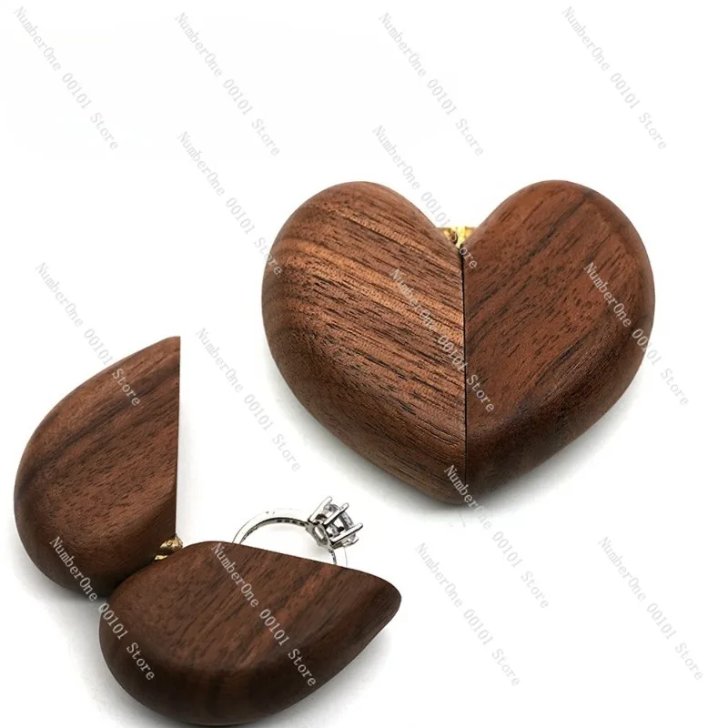 Black Walnut Heart-Shaped Ring Box,Proposal Engagement Jewelry Storage Case,Engraved Romantic Gift Box,Suitable
