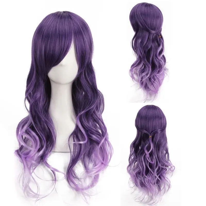 Women Purple Female Long Wig Natural Wave Whole Head Cover Wigs