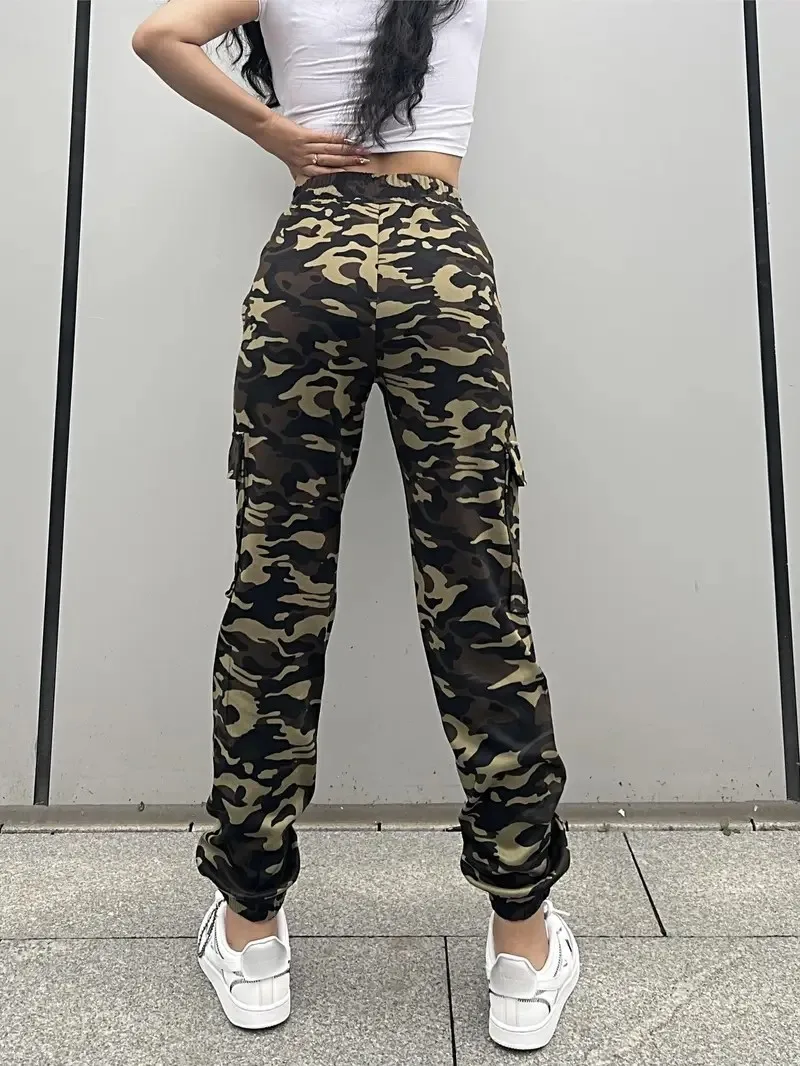 Moda feminina cordão de borracha cintura-retratando pés multi-cor lavagem camuflagem casual trabalho reto jeans de nove pontos