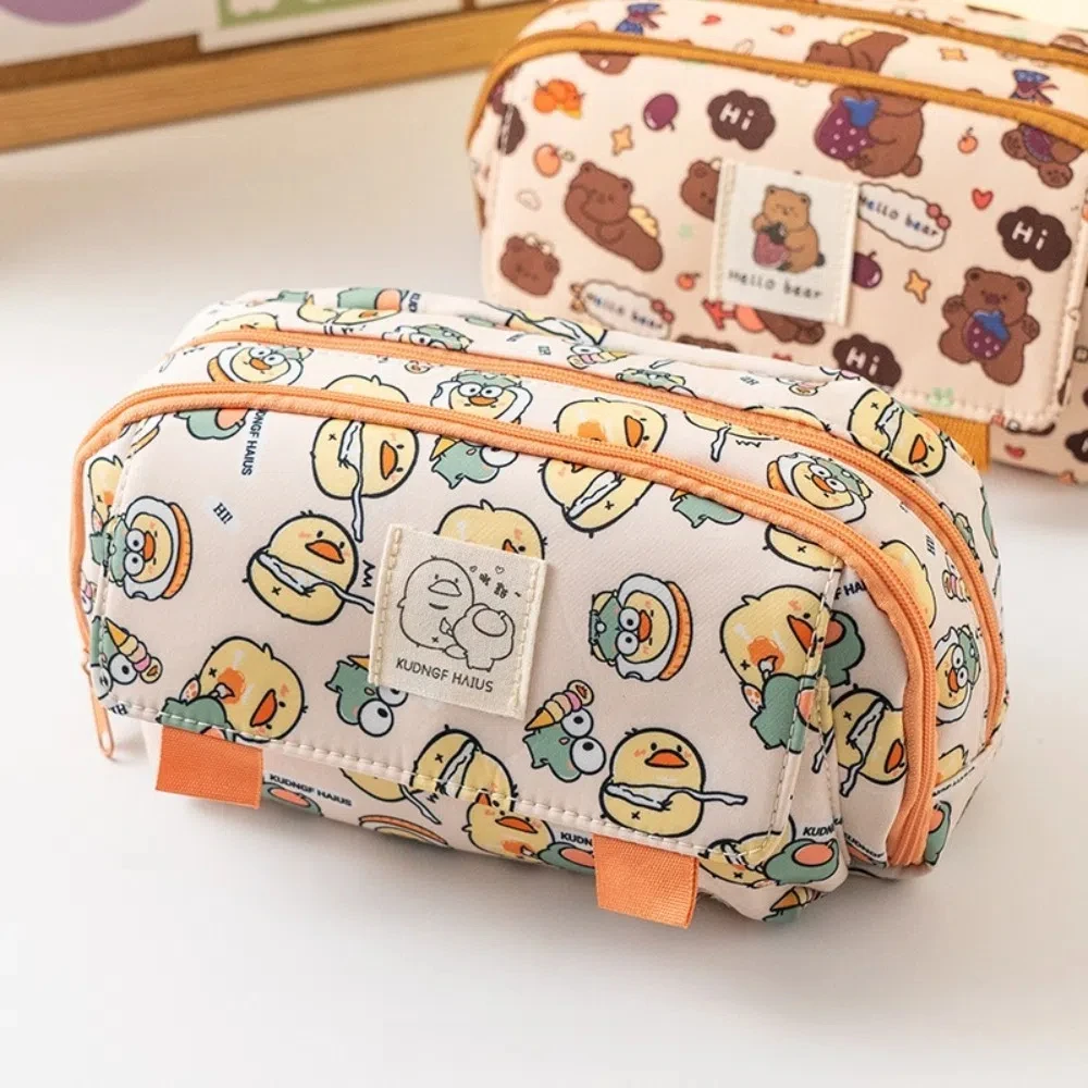 New Cartoon Capybara Stationery Bag Canvas Multi Layer Pencil Bag Large Capacity Cute Bear Dogs Pencil Case Student Accessories