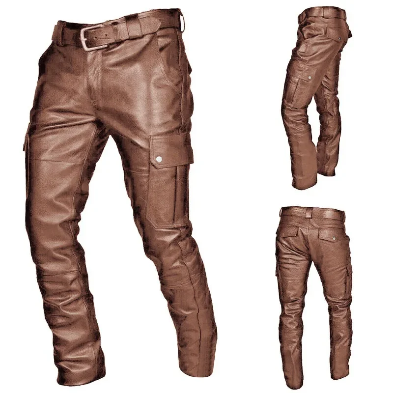 2024 stylish men's elegant casual straight leather trousers trendy high quality many pocket new motorcycles pants spring Pu