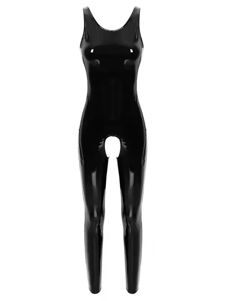 Sleeveless Wet Look PVC Catsuit Crotchless Open Crotch Bodysuit Tights Sexy Jumpsuit Shiny PU Leather Conjoined Clubwear Leotard