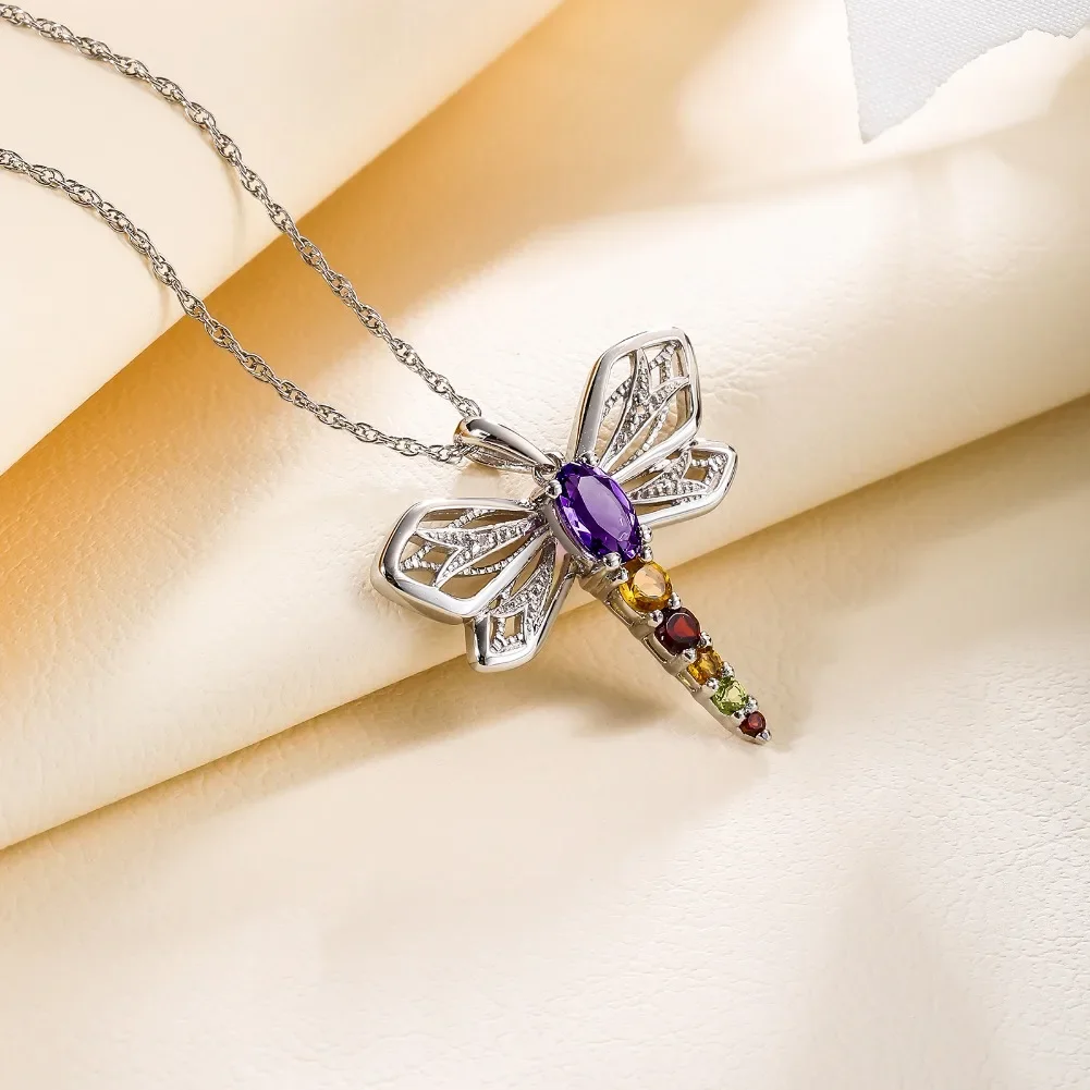 GZ ZONGFA Natural Amethyst 925 Sterling Silver Dragonfly Pendant Necklace Colorful Gems Citrine Insect Neck Chain for Women