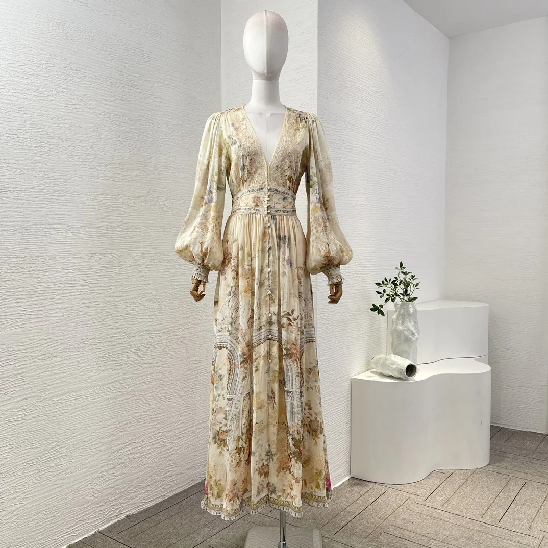 

Re-tro 2024 Linen Silk Beige Floral Print Long Sleeve Deep V-Neck Diamonds Lace Patchwork High Quality Midi Dress for Women