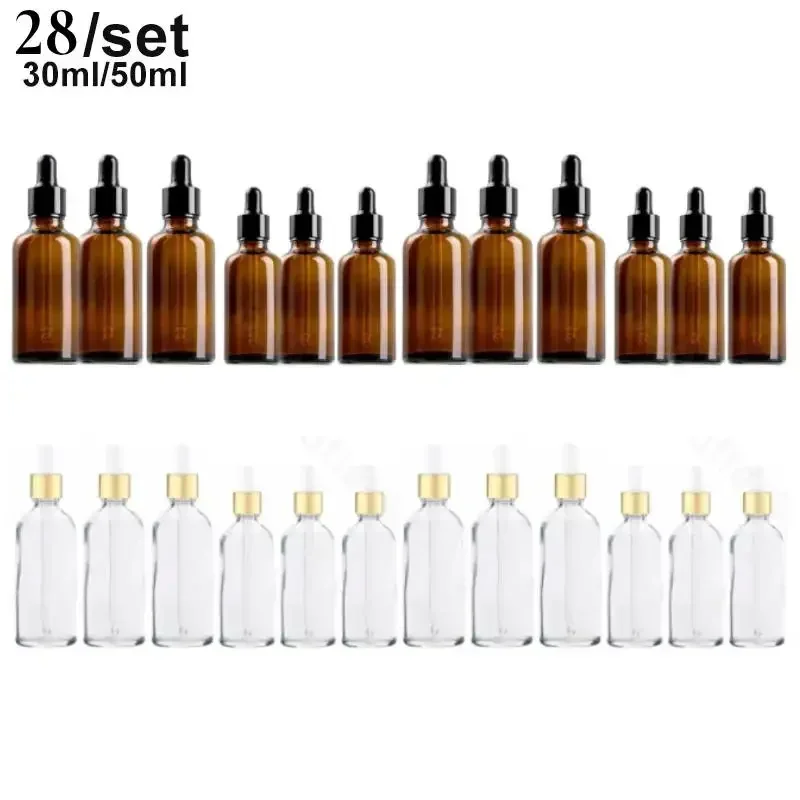 28PCS 30ml/50ml Essential Oil Glass Aromatherapy Liquid Drop for Massage Pipette Bottles Refillable Gold Silver Black Dropper