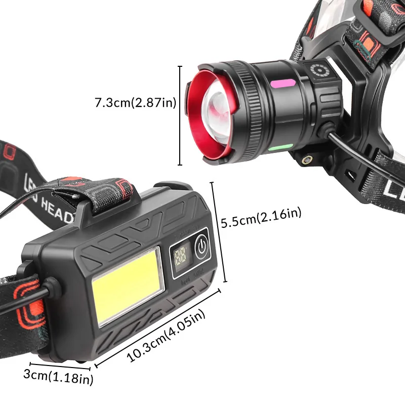 

30W White Laser Headlight COB Tail Light Red Light Warning TYPE-C Charging Zoom Induction Headlight