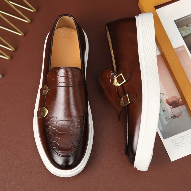 New Black Men\'s Vulcanize Shoes Brown Slip-On Sneakers Double Buckle Monk Shoes Handmade Men Shoes Size 38-45