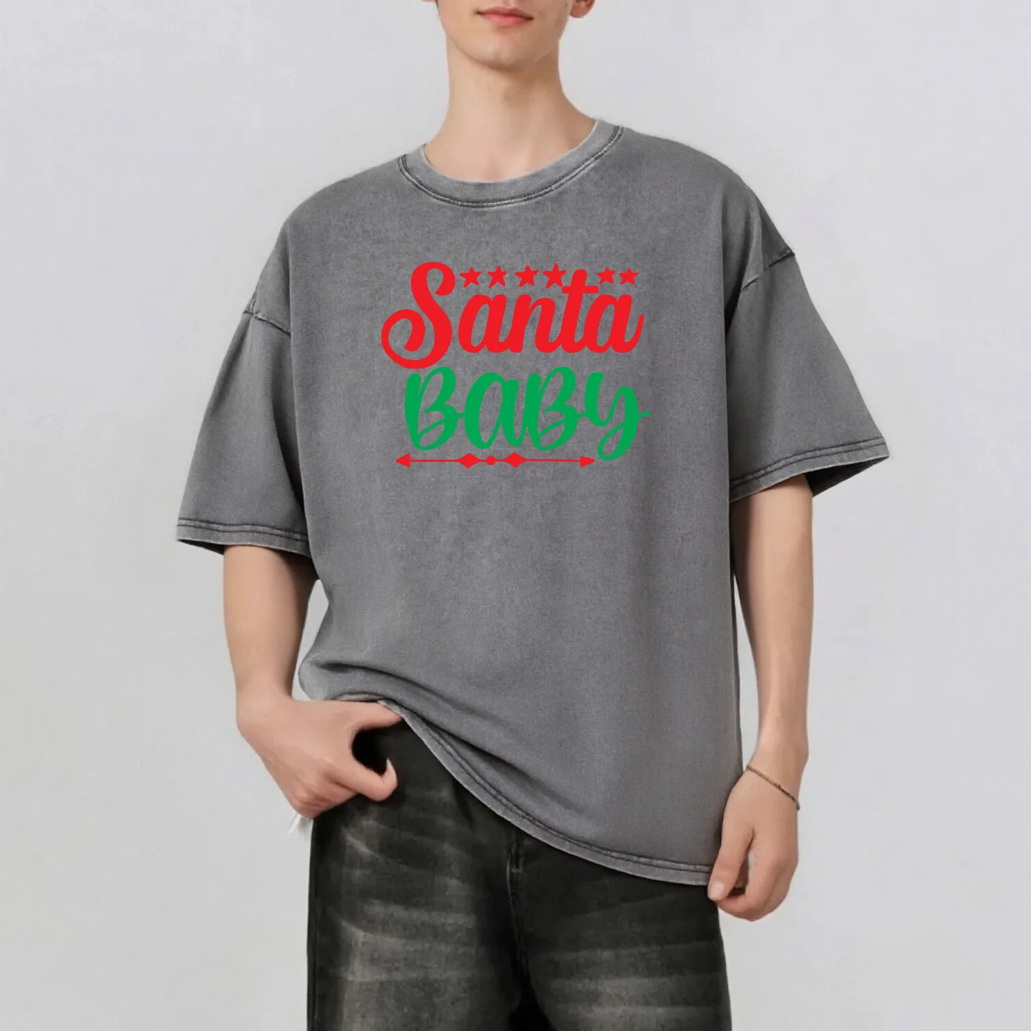 

Christmas Letter Printing Men's Summer Retro Style Washed Water T-Shirt Casual Short Sleeved Basic Men's Top 230G