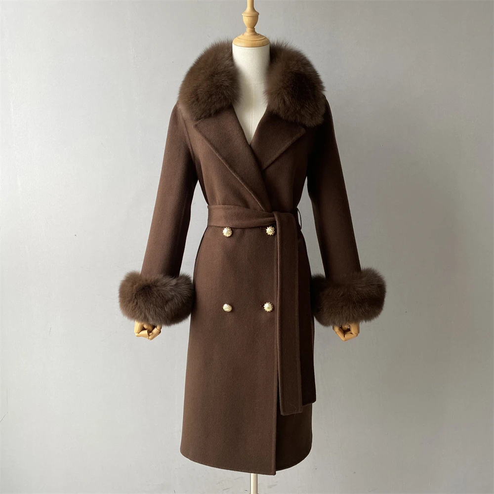 Jxwatcher abrigo de lana de Cachemira primavera Real Cuello de piel de zorro gabardina de lana abrigo de invierno para mujer Venta caliente abrigos de lana de estilo largo