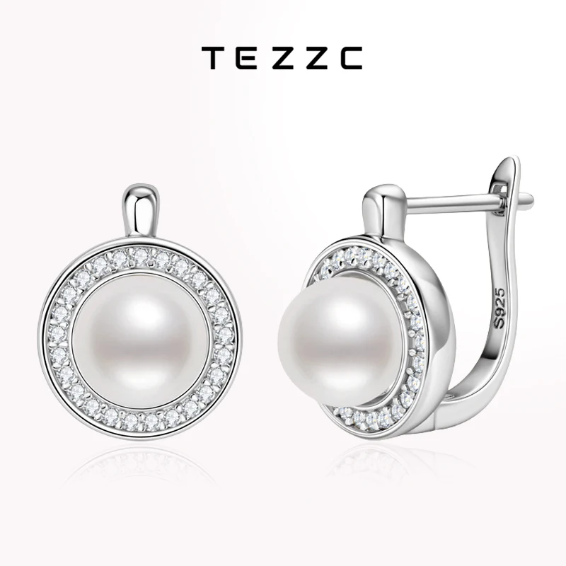 Tezzc French Vintage 7mm Pearl Moissanite Earrings 100% 925 Silver Small Hoops Pretty Party Wedding Jewelry Women Gift