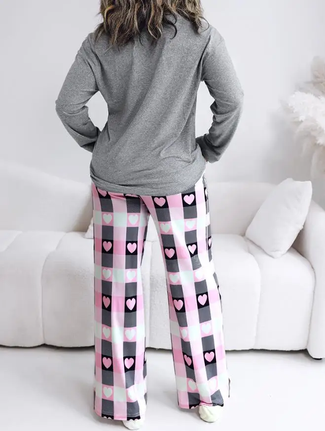 Tenue 2 pièces pour femmes, haut à manches longues et imprimé lettres et cœurs, ensembles décontractés à carreaux avec poche, automne/hiver 2025, 2025