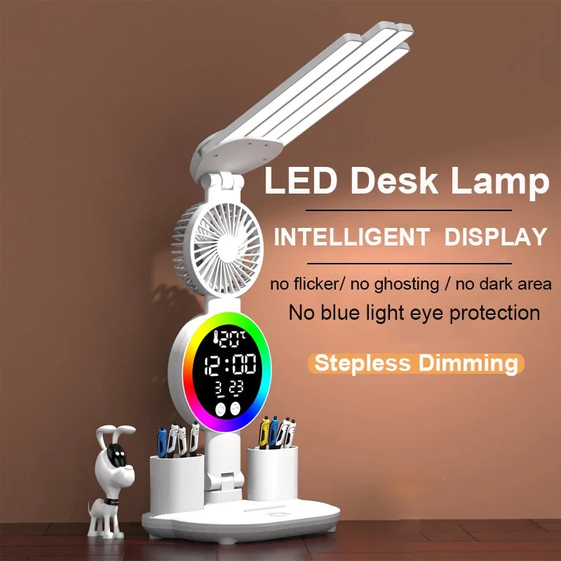 LED Clock Table Lamp USB Chargeable Dimmable Desk Lamps 4 Heads 180 Rotate Foldable Eye Protection Desktop Reading Night Lights