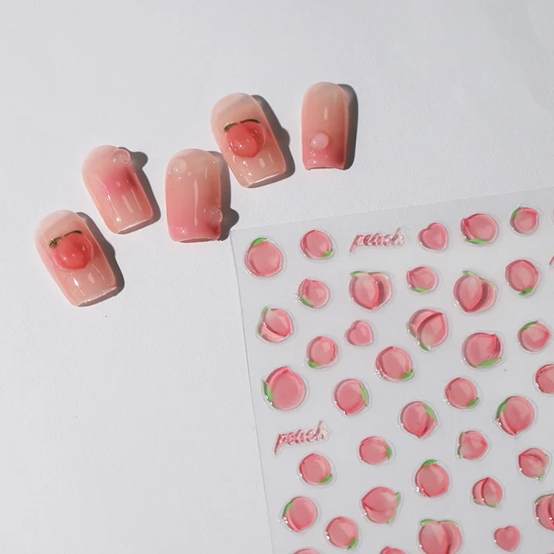 Pink Translucent Peach Jelly Texture 5D Soft Embossed Reliefs Self Adhesive Nail Art Stickers Cute Fruits 3D Manicure Decals