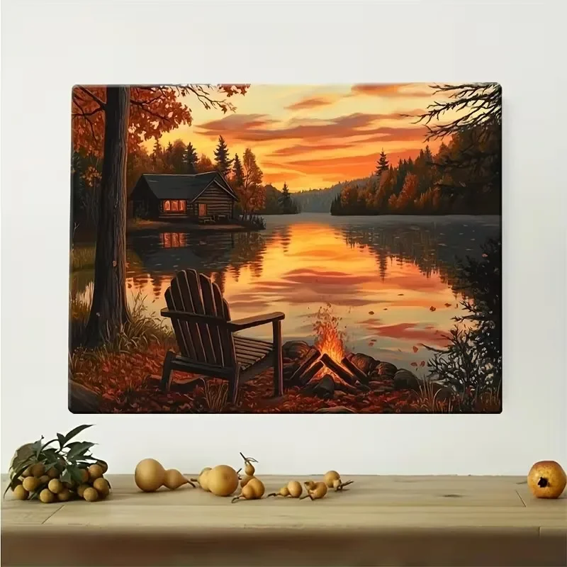 Multiple sizes 1pc frameless Canvas Painting,Lakeside Cabin Campfire Lakeside Scenery in Autumn Poster and Prints Canvas Paintin