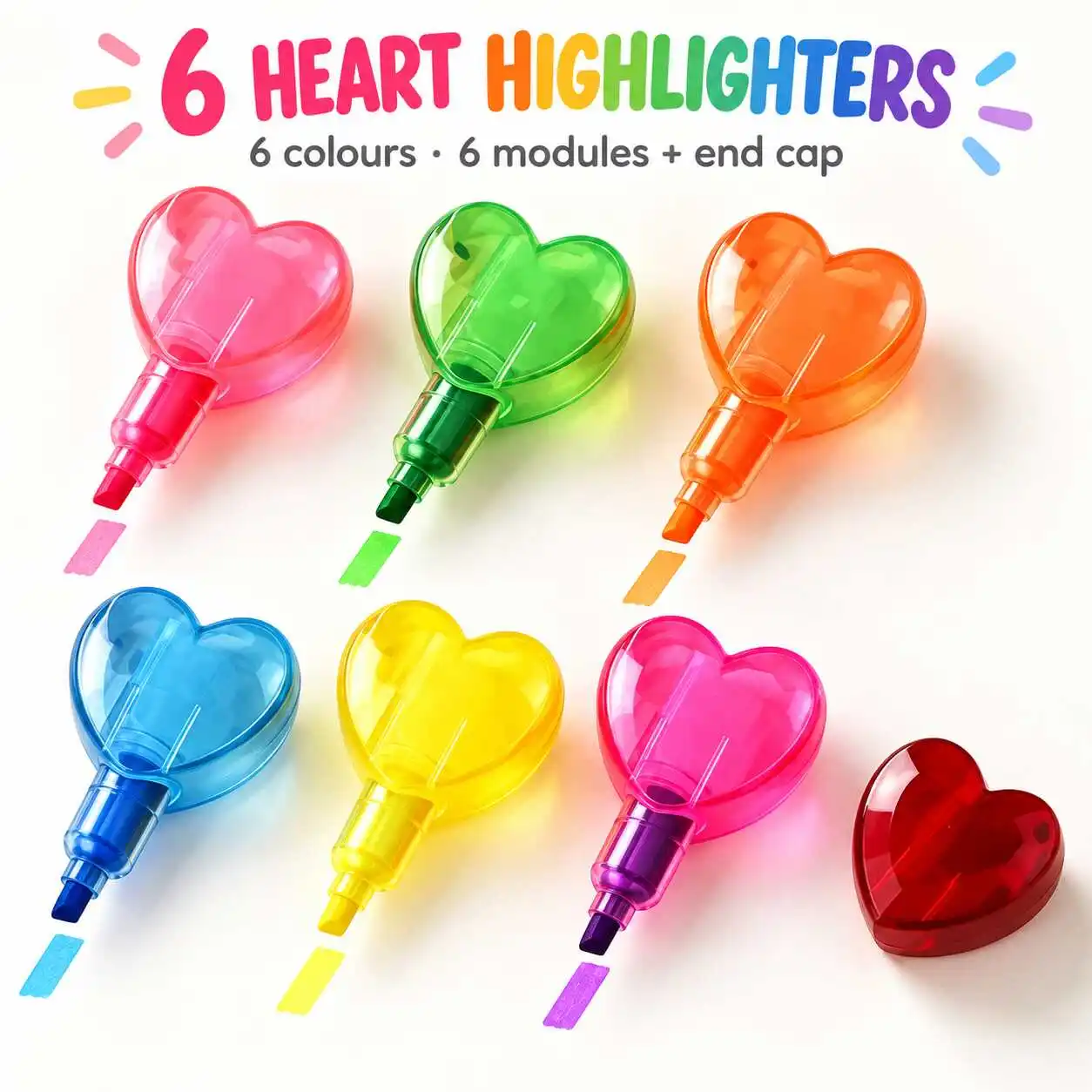 6 Translucent Heart Highlighter Modules Six Colours Short Chisel Tips with One Red End Cap Stationery Set