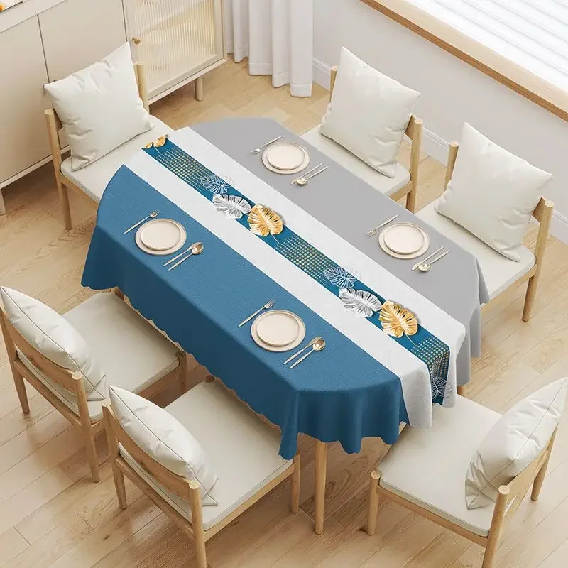 

Tablecloth Oval Waterproof Oilproof Table Cloth Blue Stripe Modern Style Table Cover Printed for Dining Table Farmhouse 200cm