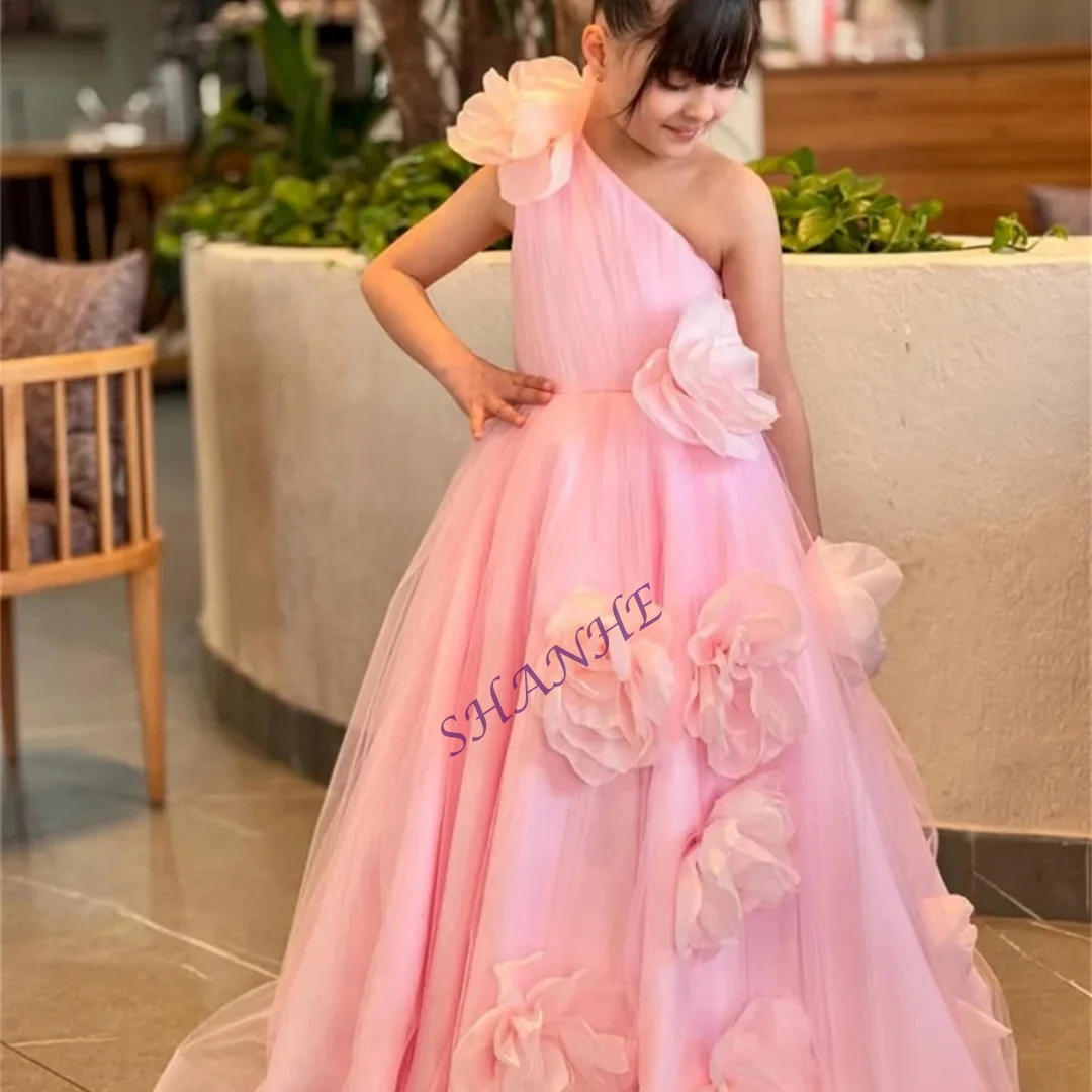 

Индивидуальное простое платье трапециевидной формы без рукавов с цветами на одно плечо, элегантное платье с цветочным узором для девочек, длиной до пола, классическое платье для первого причастия, Cust