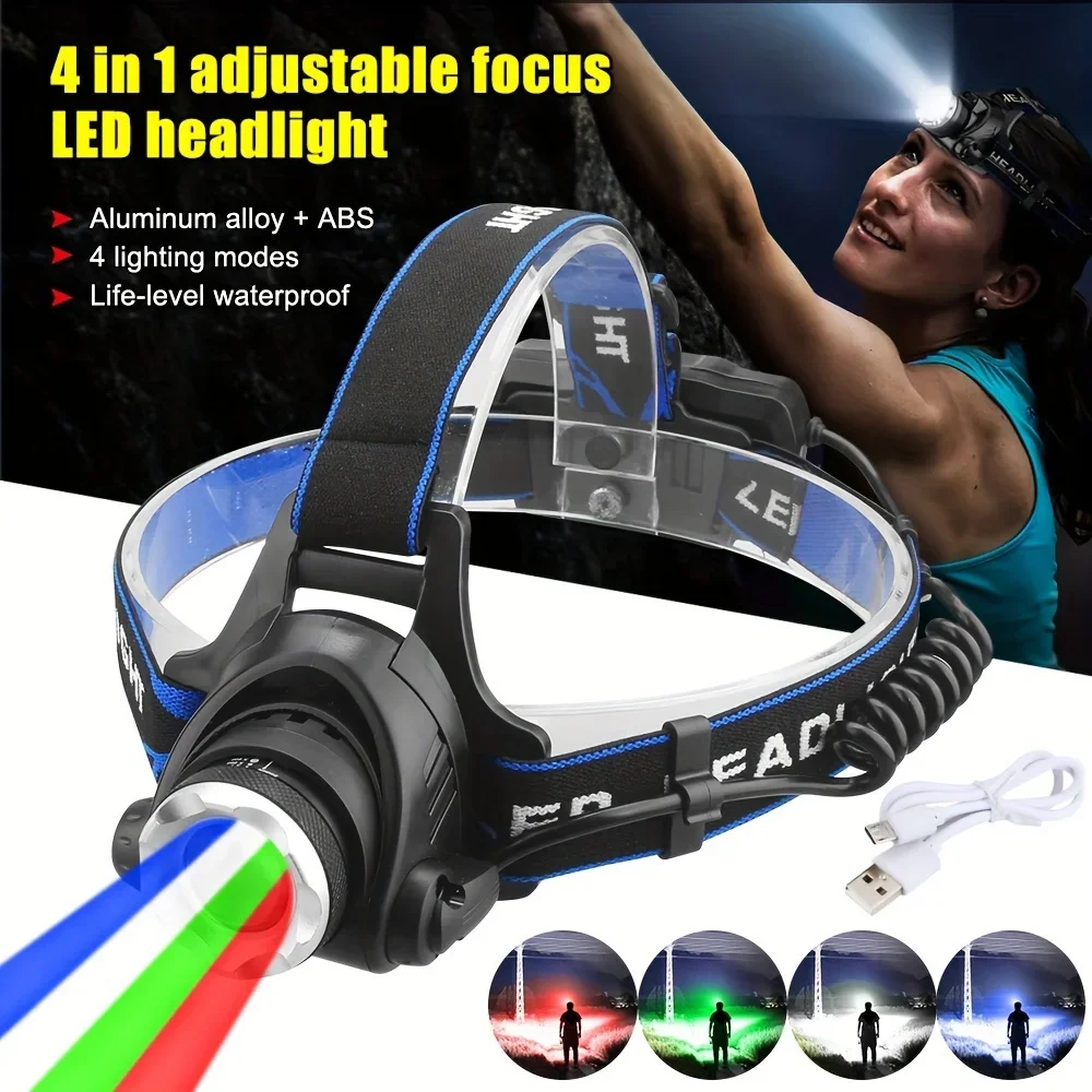 

4-in-1 Red/Green/White/Blue Lights LED Rechargeable Headlamp Zoomable Headlight with Adjustable Beam Waterproof Head Lamp