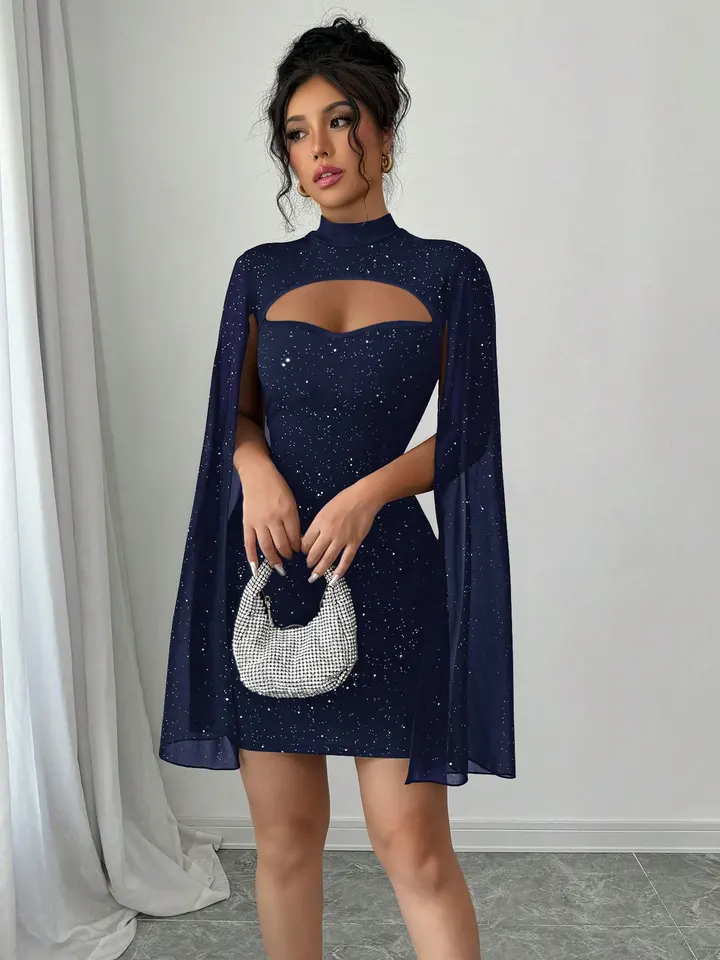 Vestido Mini Capa de Cuello Alto para Mujer con Lentejuelas Brillantes para Fiesta Nocturna Entallado Elegante Otoño Invierno 3